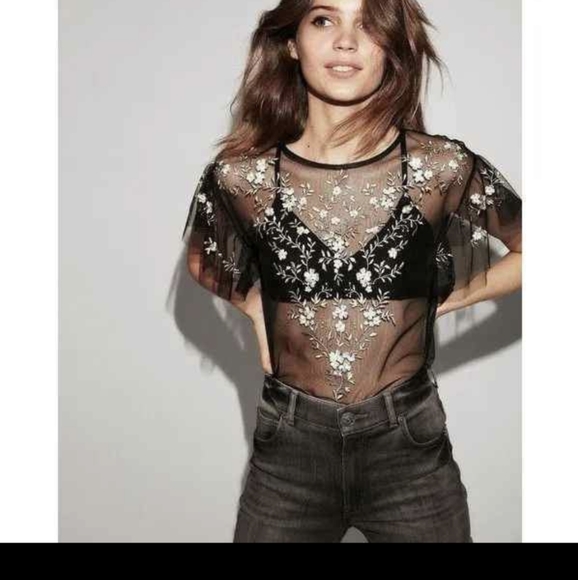 Express Floral Embroidered Mesh Top - Picture 5 of 5